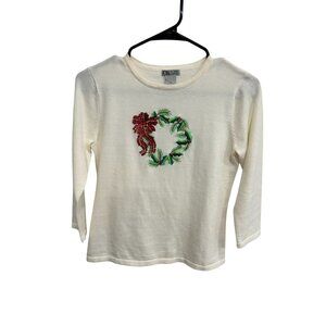CB Career Petite Holiday Wreath Embellished Top Cream Red Sz Small Christmas
